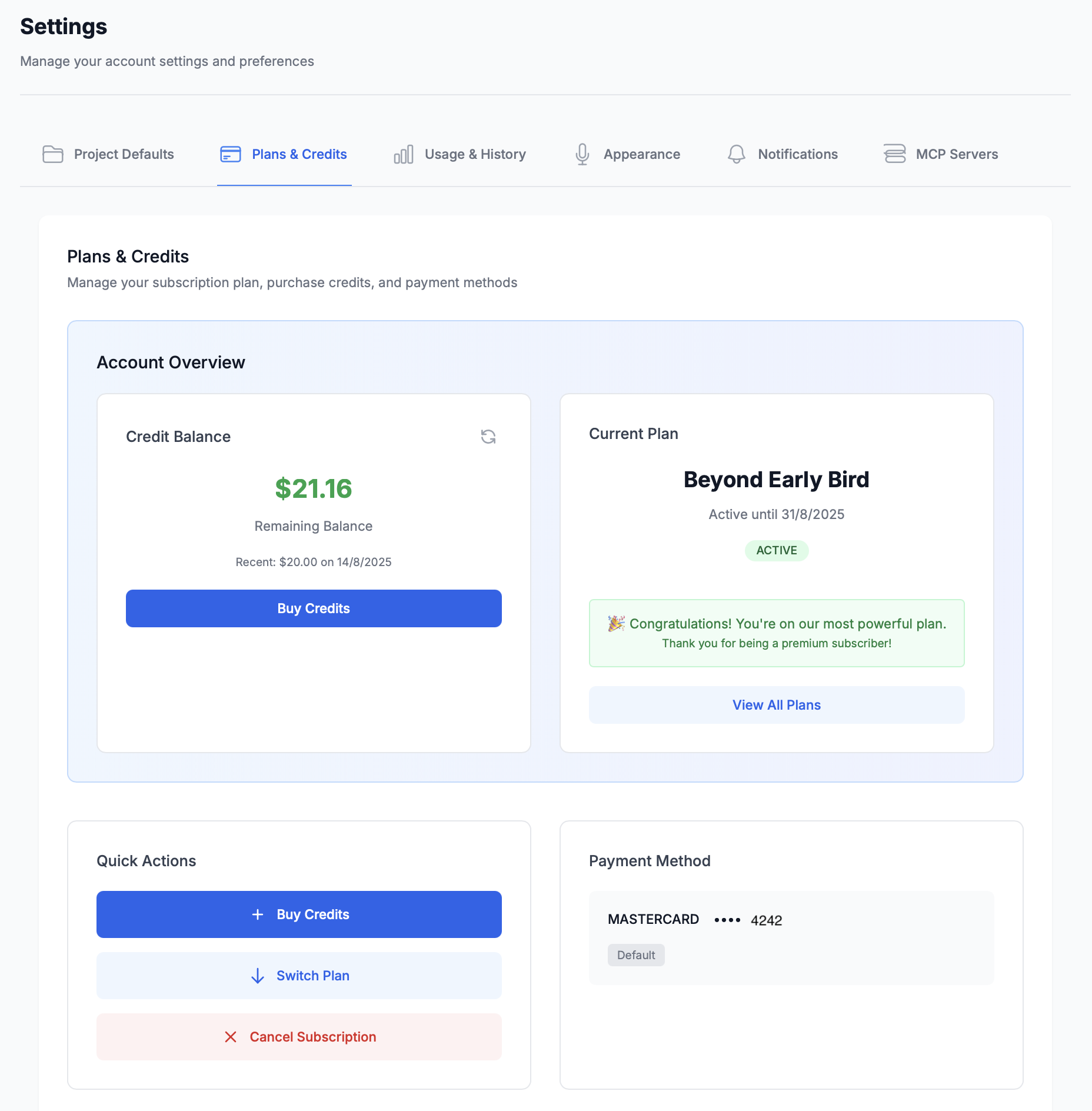 Plans and Credits Overview