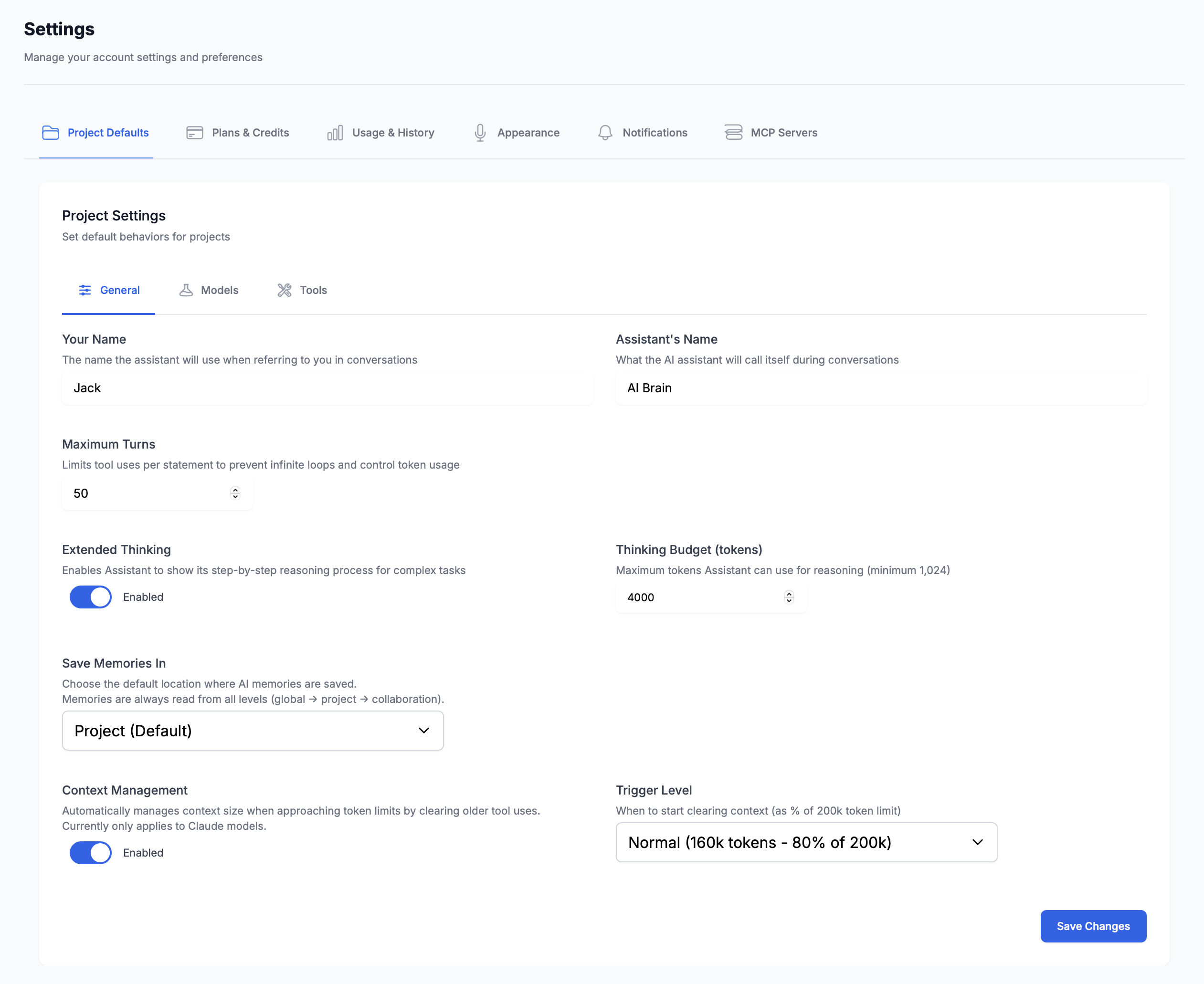 Project Defaults General Settings