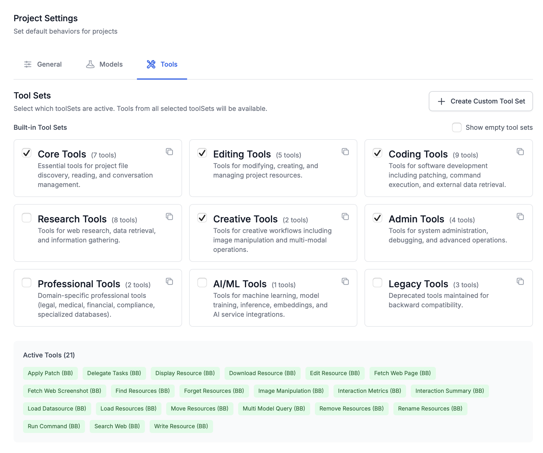 Global tool sets settings showing available tool set categories with checkboxes for core, editing, coding, and other categories